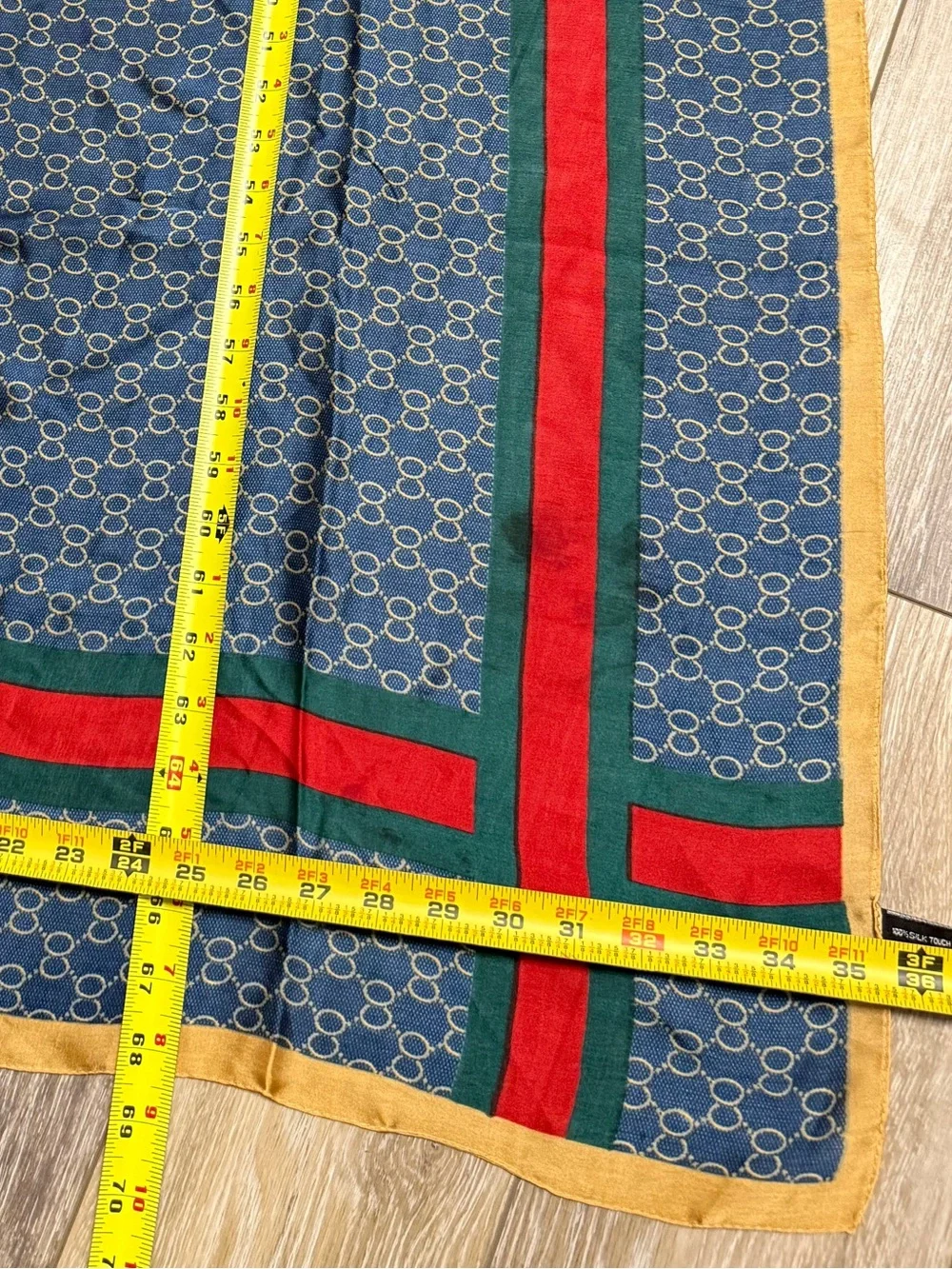 Silk Luxury Navy Patterned Large Scarf with Red & Green Stripes and Gold Trim